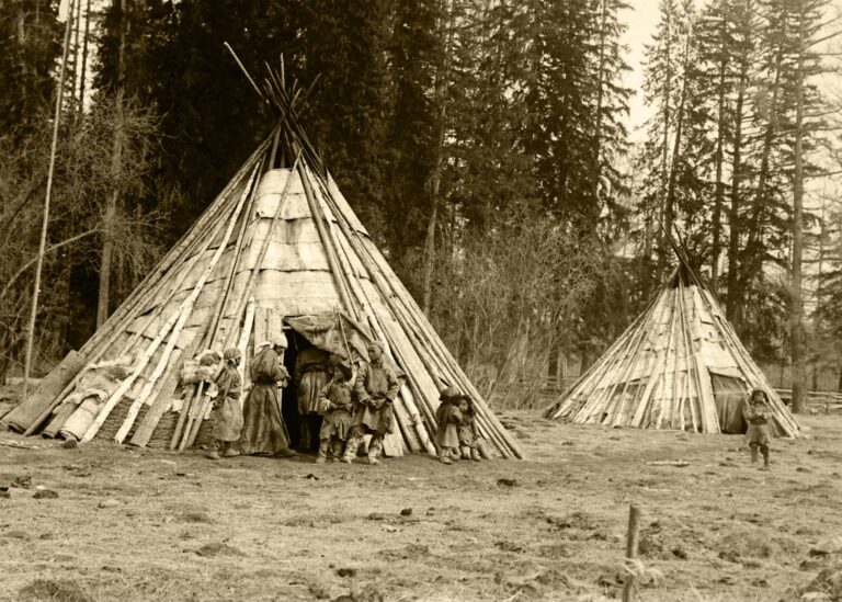 НМРТ КП-11286-778 Фотонегатив ч-б Юрты тоджинских тувинцев_ крытые берестянным полотном. Первая половина XX века_1-1